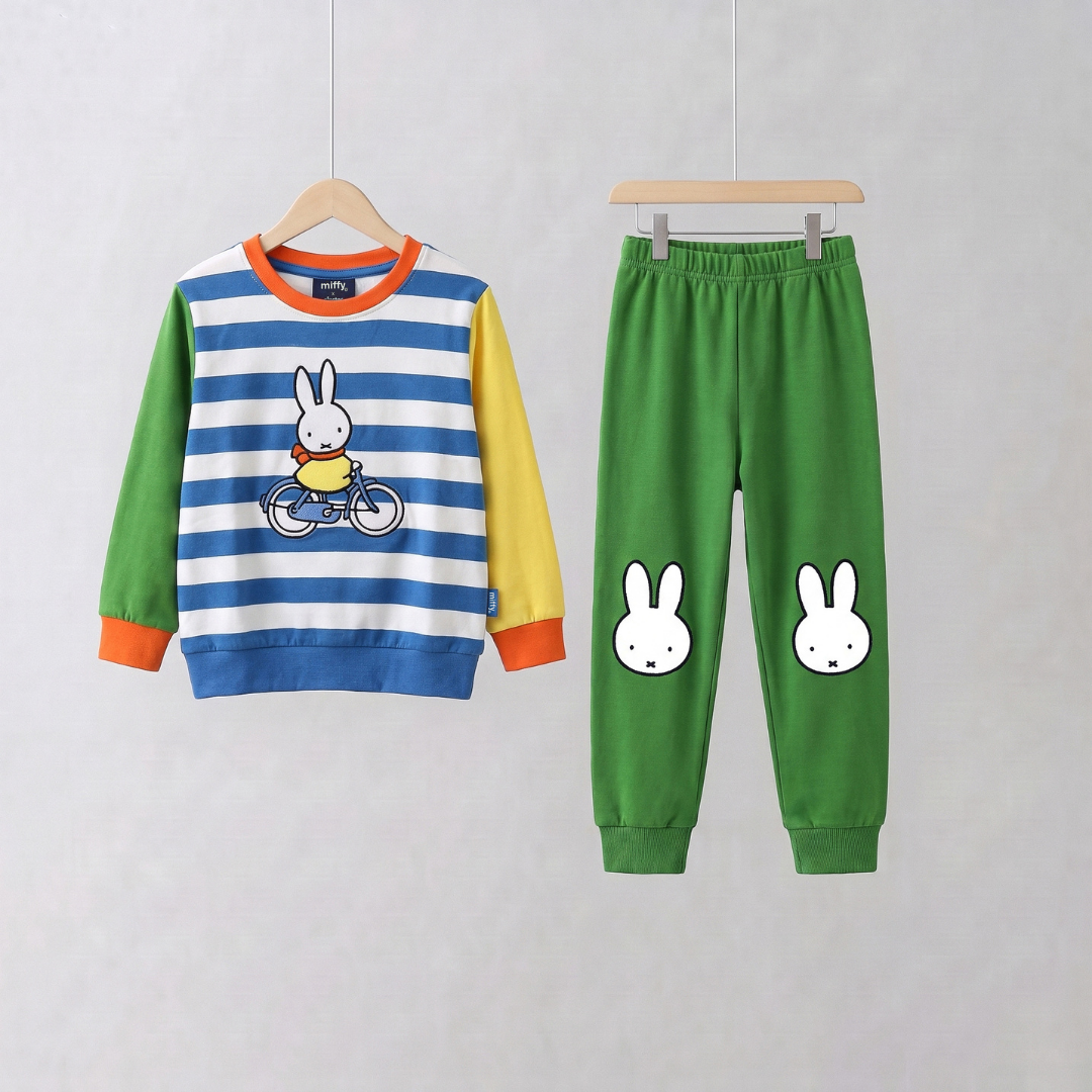 Conjunto de bambú «Miffy on the Move», compuesto por una sudadera con motivo de bicicleta y unos pantalones de chándal verdes; vista frontal